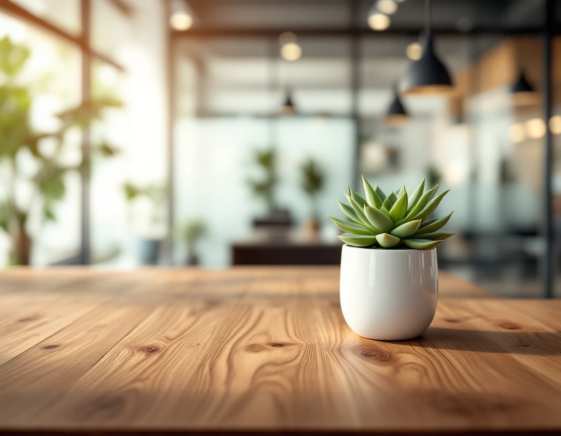 Modern office reception desk with natural wood grain and succulent plant in professional setting