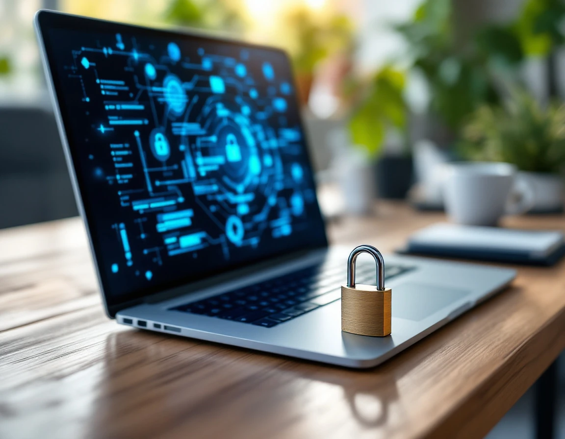 Laptop workspace with security padlock on desk representing small business cybersecurity protection