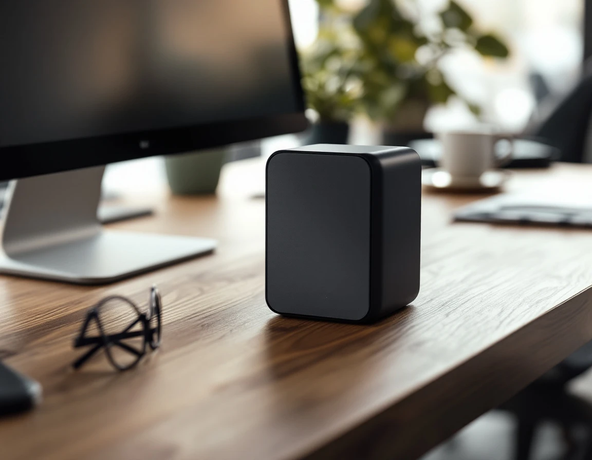 Professional firewall security device on small business office desk with blurred workplace background