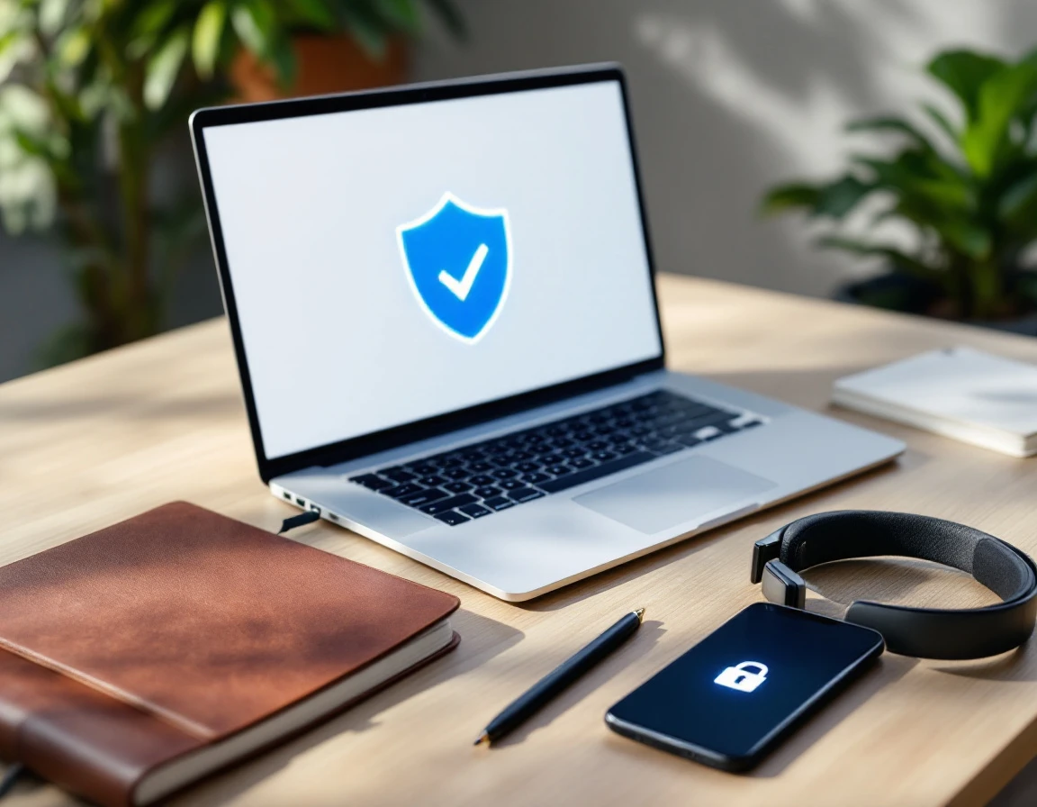 Modern laptop and smartphone with security icons on a clean business workspace with notebook and headset