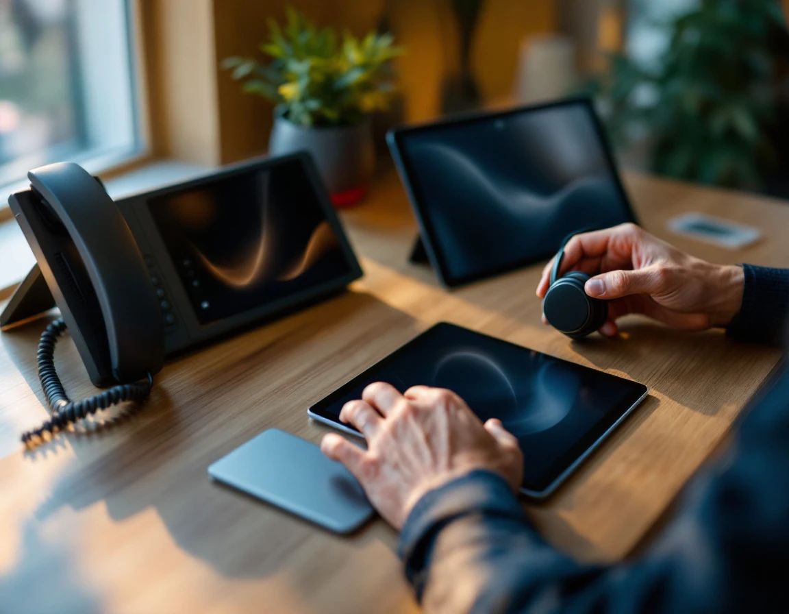 Professional home office desk with headset, phone, and tablet showing unified communications workspace