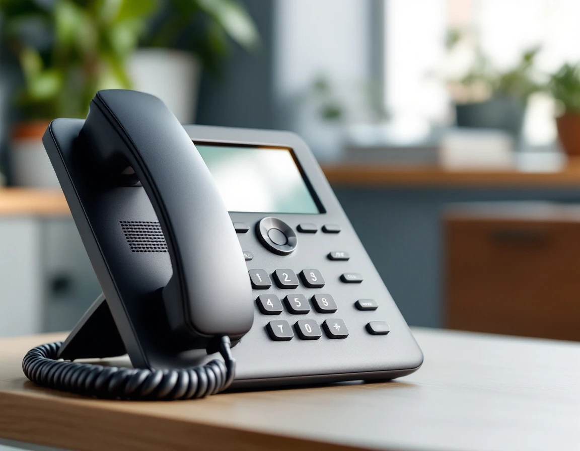 Professional desk phone with handset and keypad in small business office setting with natural lighting
