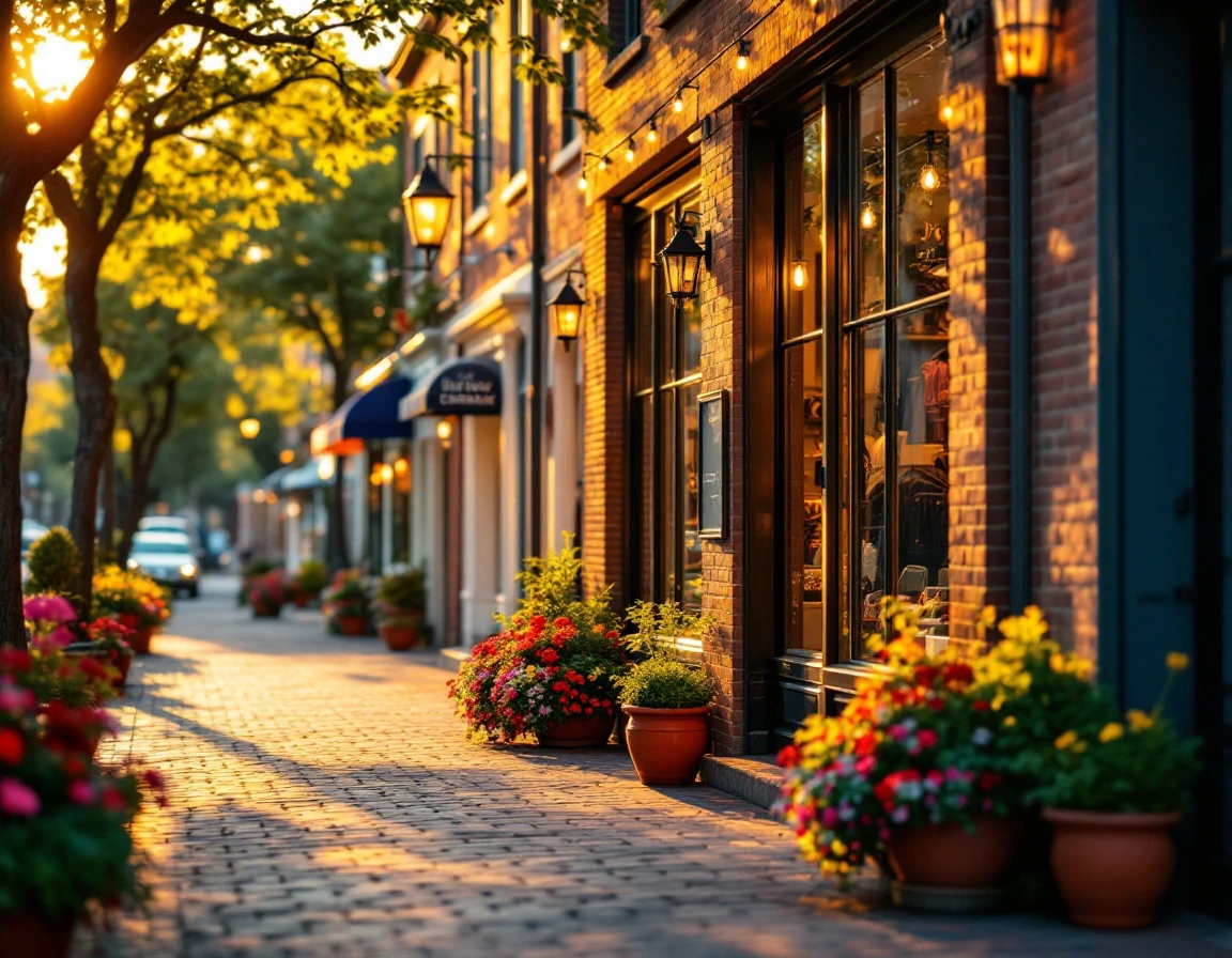 Brick storefront with flower planters on pedestrian shopping street during golden hour lighting
