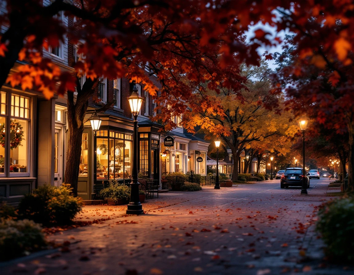 Autumn evening street scene of a small business district with warm shop lighting and fall foliage at dusk