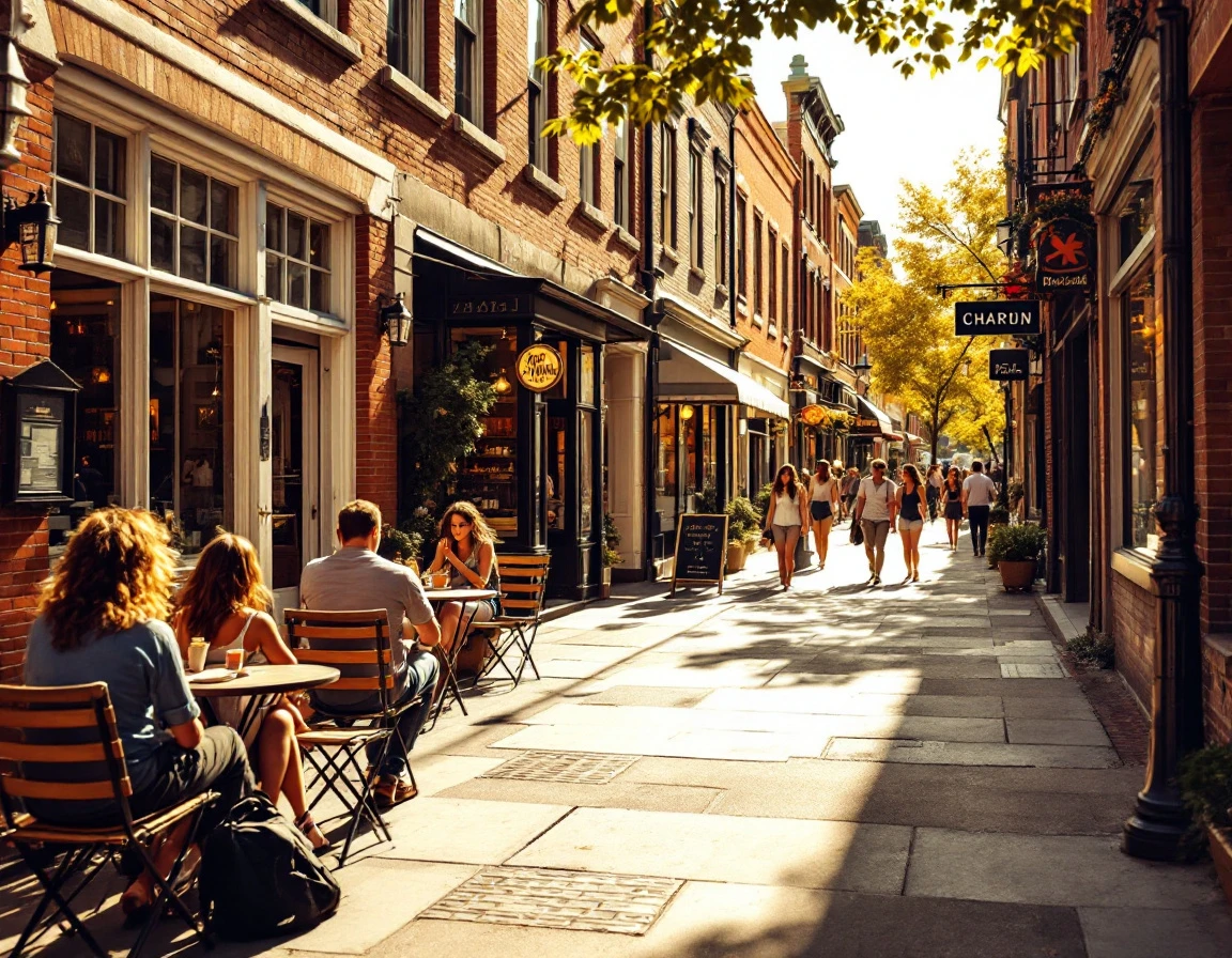 Small business district with brick storefronts and outdoor seating on a sunny afternoon