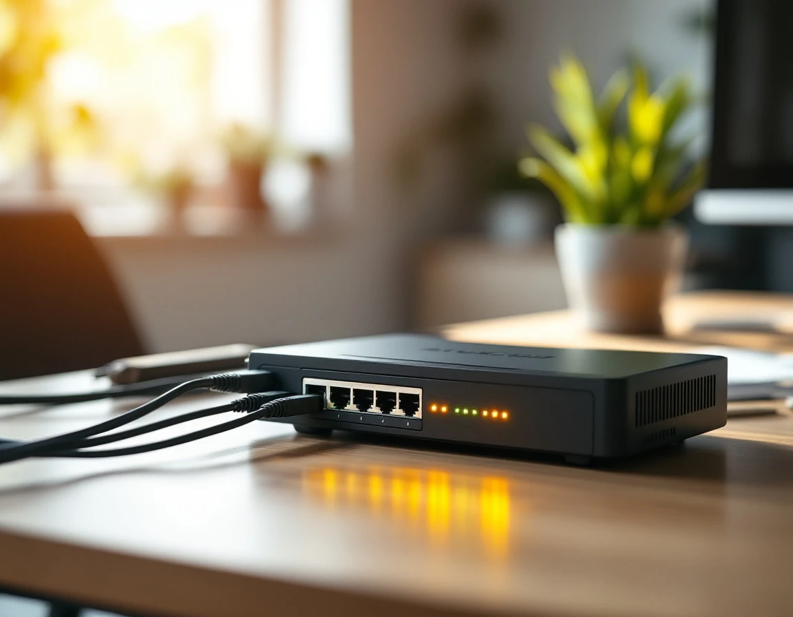 Secure network router with illuminated status LEDs and ethernet cables on office desk