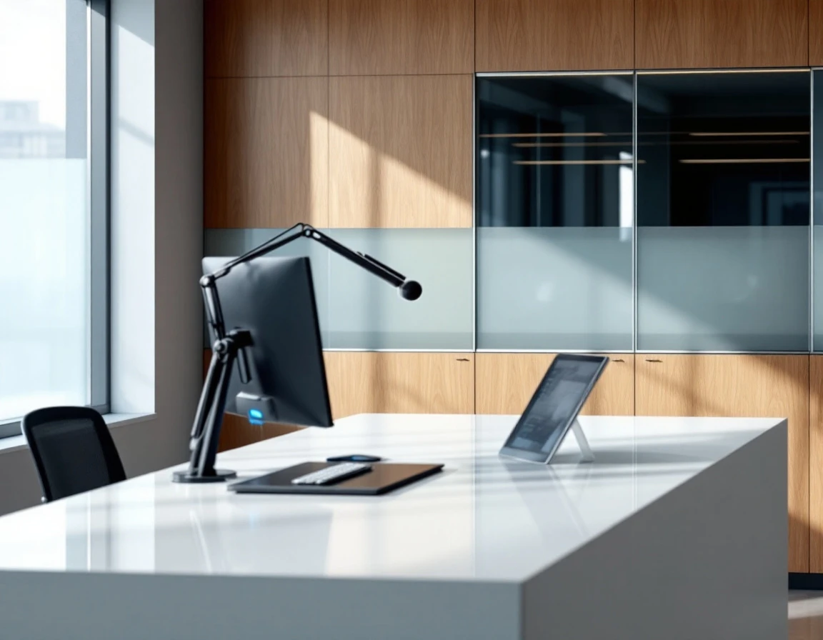 Modern reception desk with computer setup and microphone showing AI-enabled customer service workspace