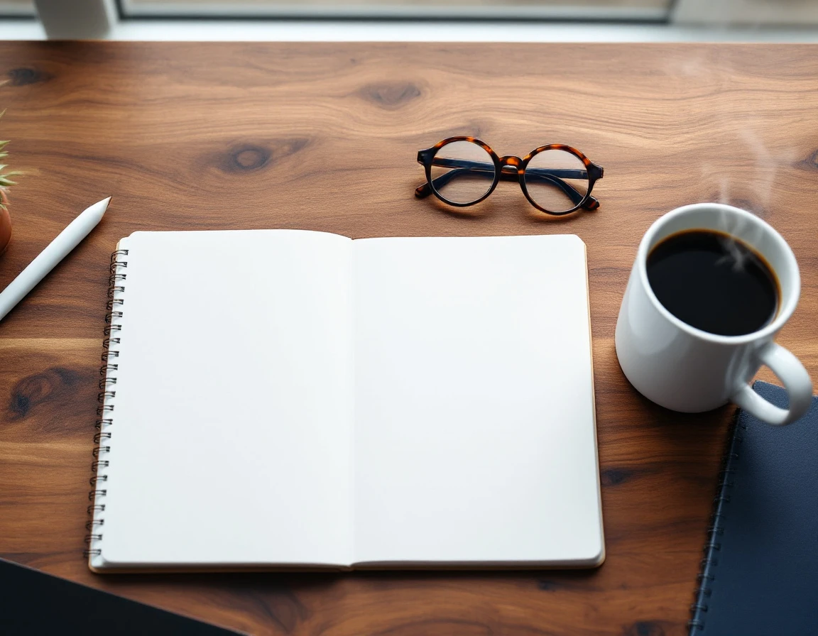 Clean desk workspace with blank notebook, coffee mug, eyeglasses, and small plant in natural window light