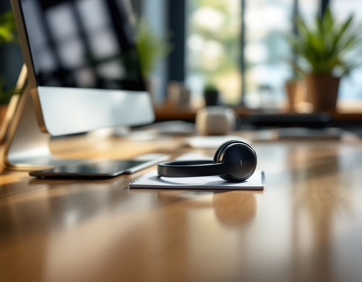 Reception desk workspace with headset and organized customer service tools in natural lighting