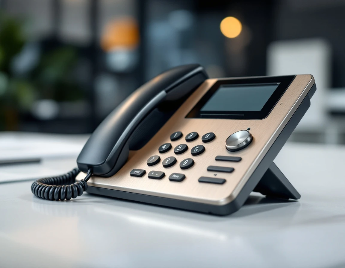 Enterprise VoIP desk phone with brushed metal construction and coiled handset cord on office desk