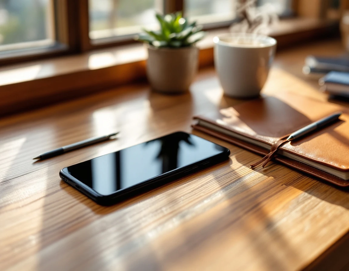 Smartphone face-down on wooden office desk with coffee, notebook, and plant in natural window light