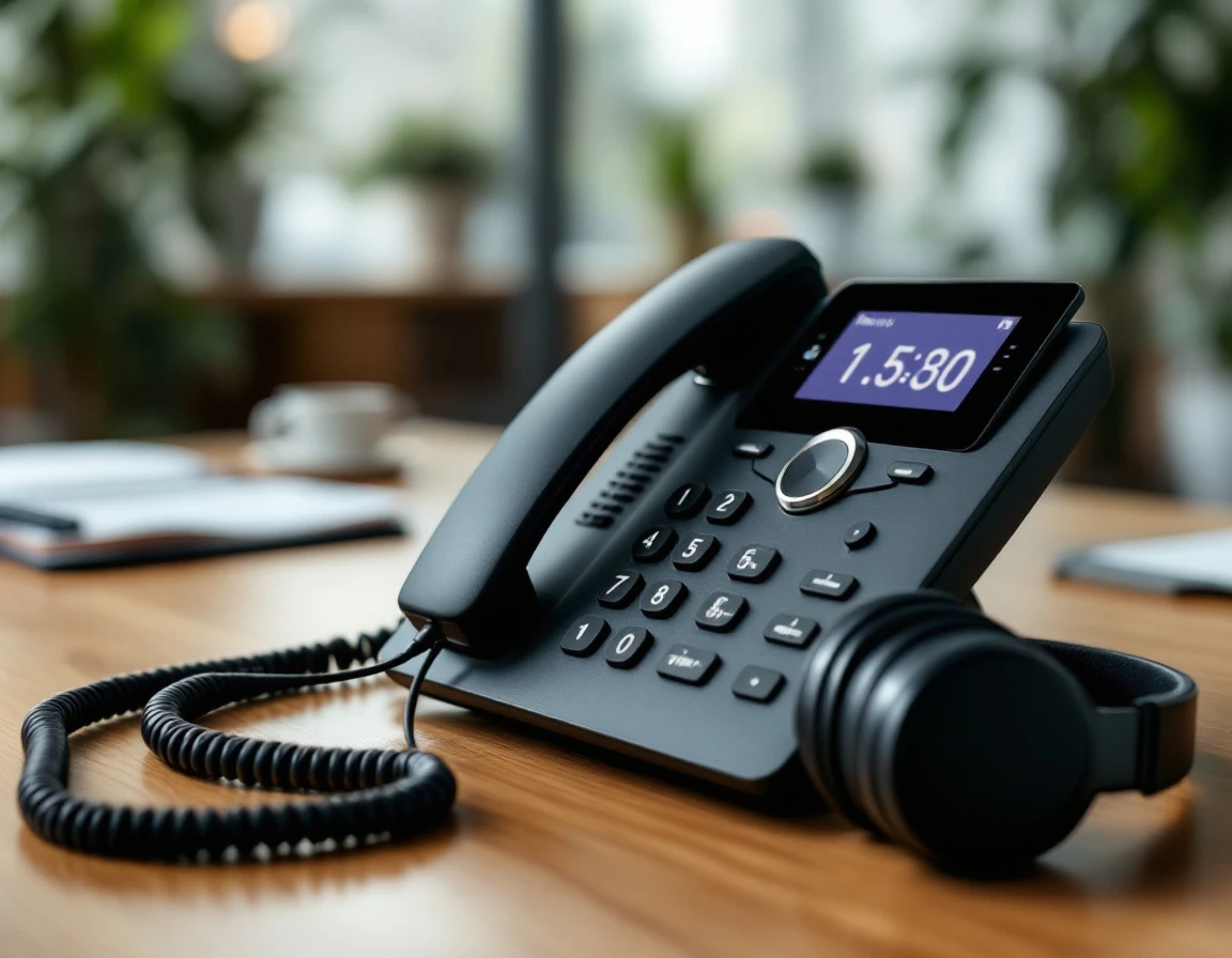 Business desk phone with handset and headset on wooden office desk showing natural wear and authentic materials