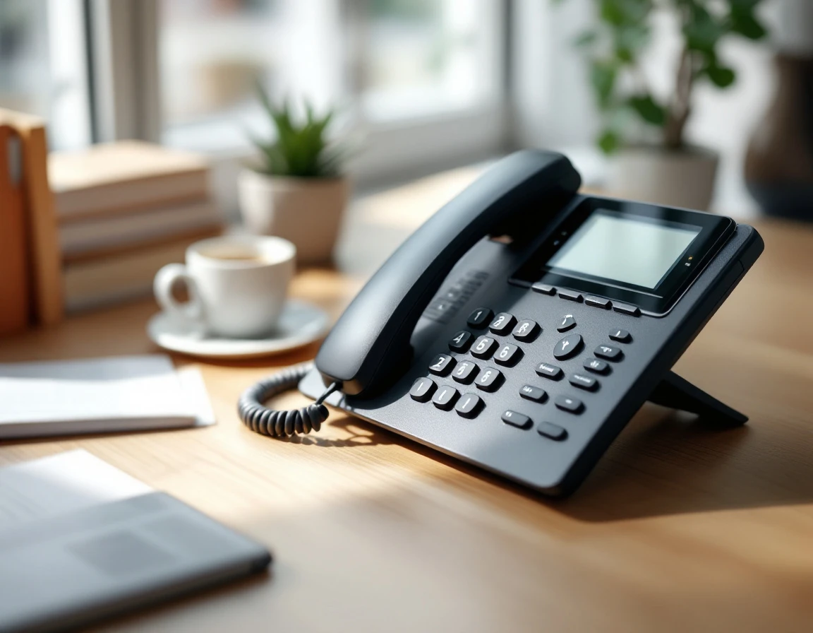 Office desk phone with blurred keypad on professional workspace with natural lighting