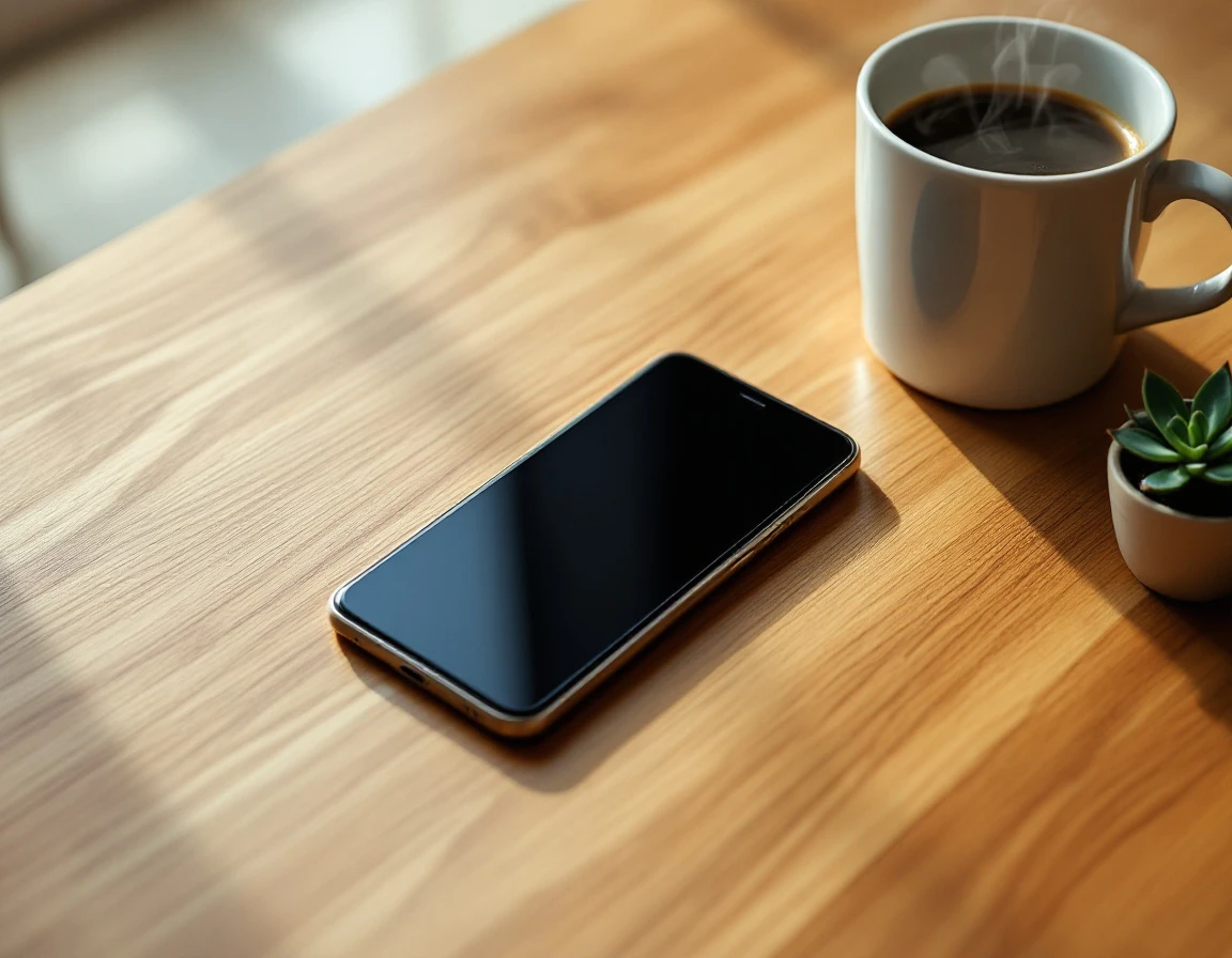 Smartphone on wooden desk with coffee and succulent plant in natural window light