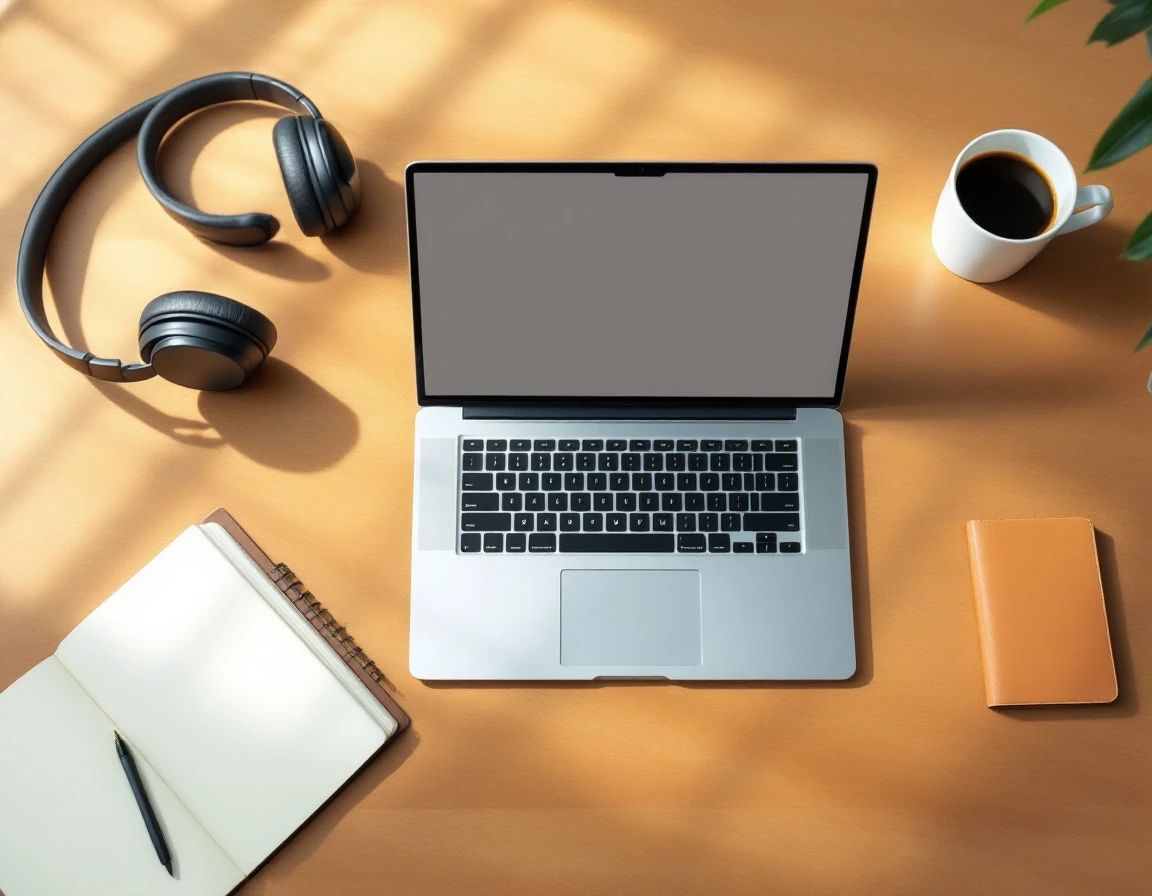 Minimalist workspace with laptop, coffee, notebook, and headphones on wooden desk with natural morning light