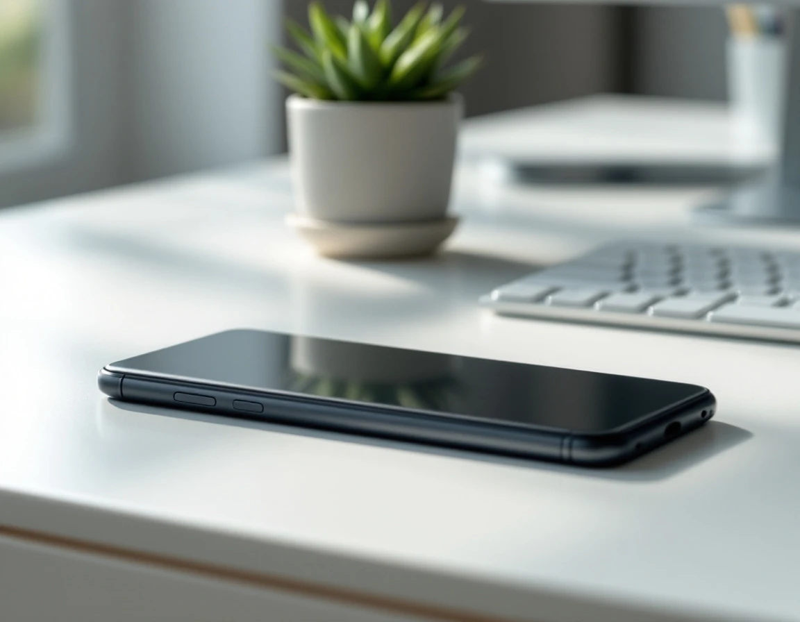 Smartphone placed face-down on professional desk with succulent and keyboard in minimalist workspace