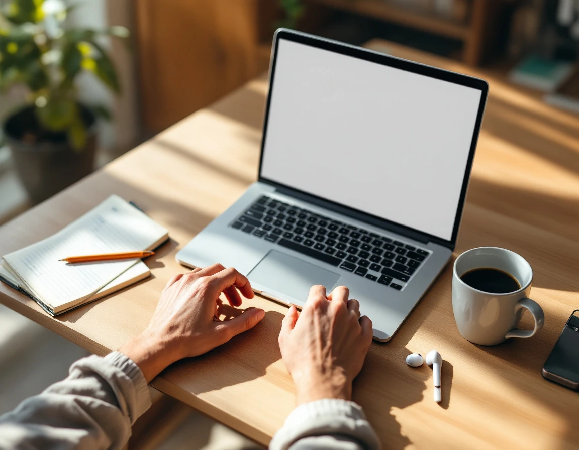 Small business workspace with laptop and coffee during AI workshop training session
