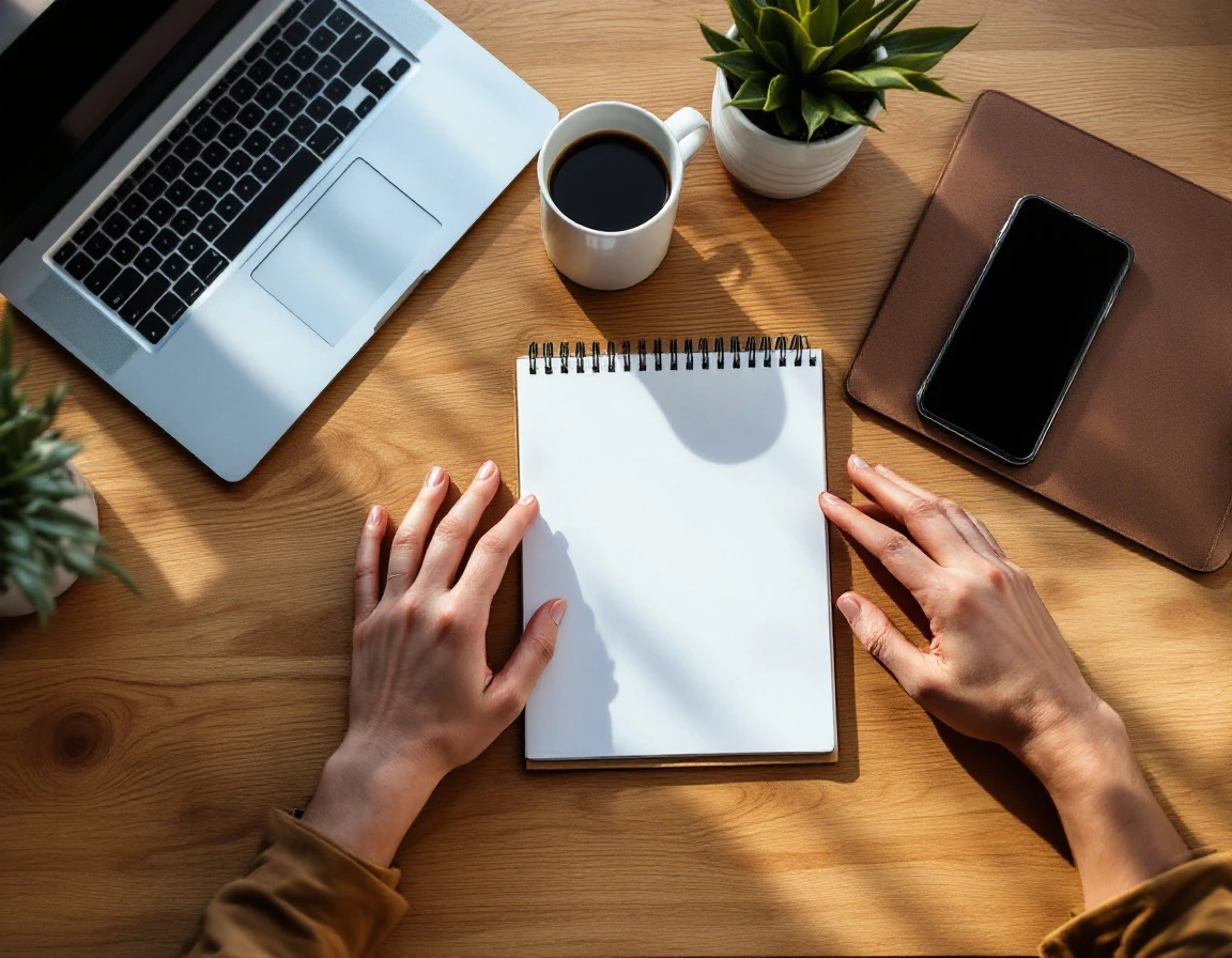 Overhead view of hands planning at workspace with notepad, laptop, coffee, and plant on wooden desk