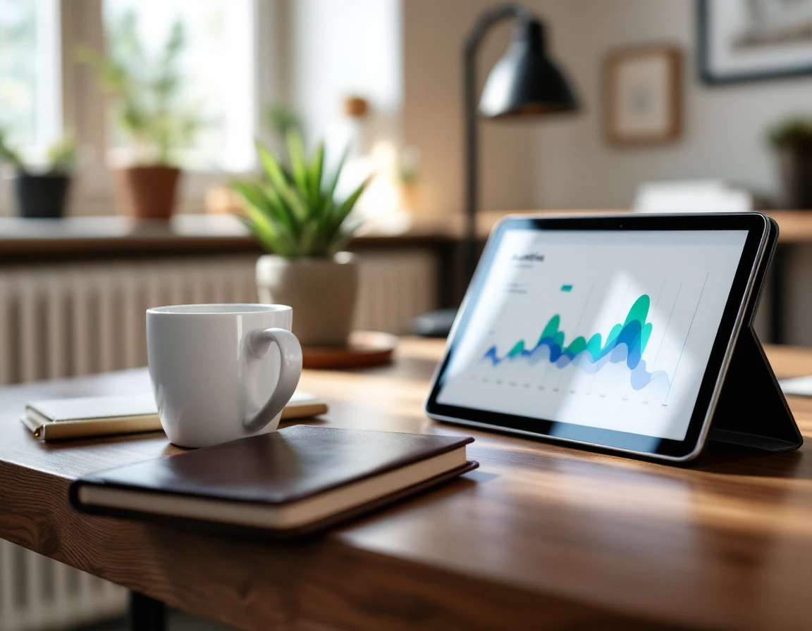 Office desk with tablet showing analytics visualization, coffee cup, and notebook in morning light
