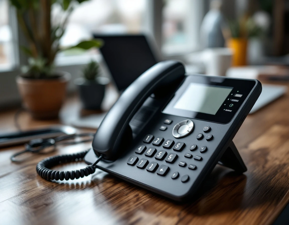 Business phone handset and ethernet cable on wooden desk in coastal Maine office workspace