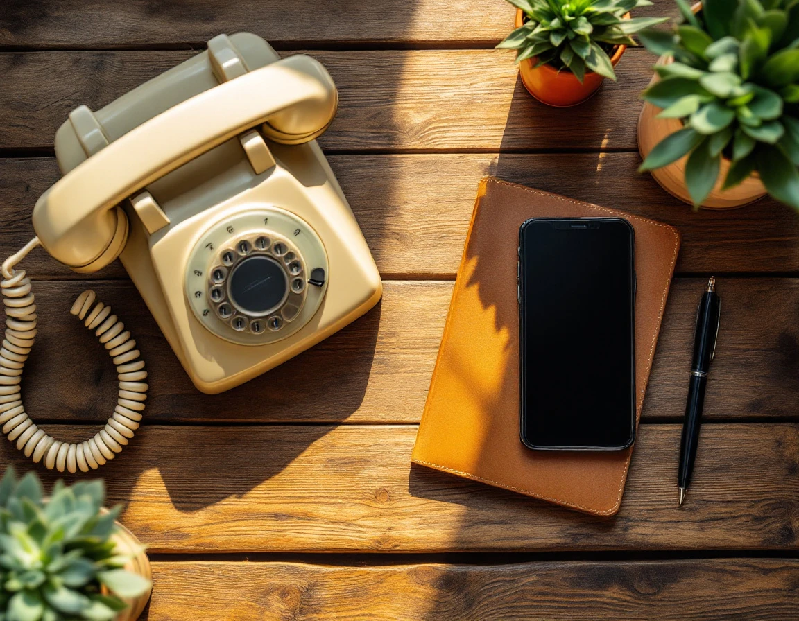 Vintage rotary phone beside modern smartphone on wooden desk with notebook and plants