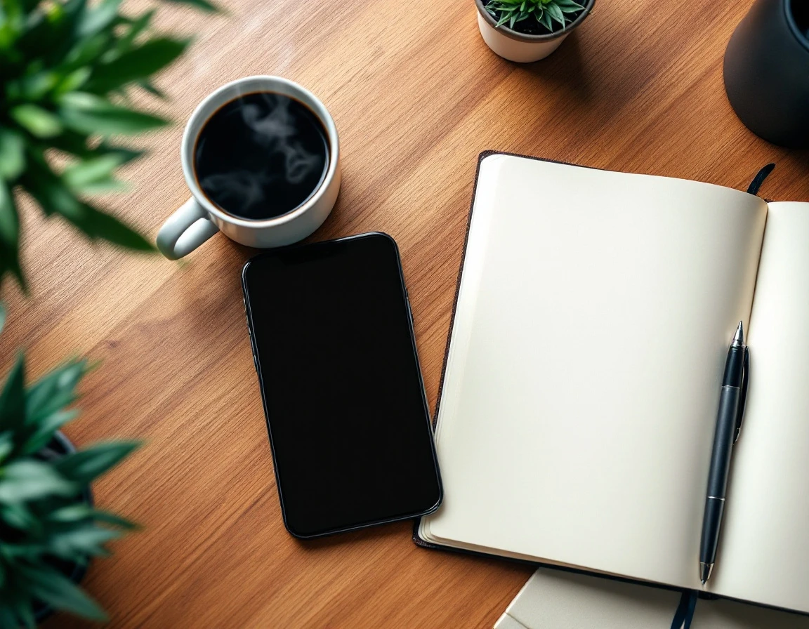 Wooden desk with smartphone, notebook, and coffee mug arranged for business planning and daily task management