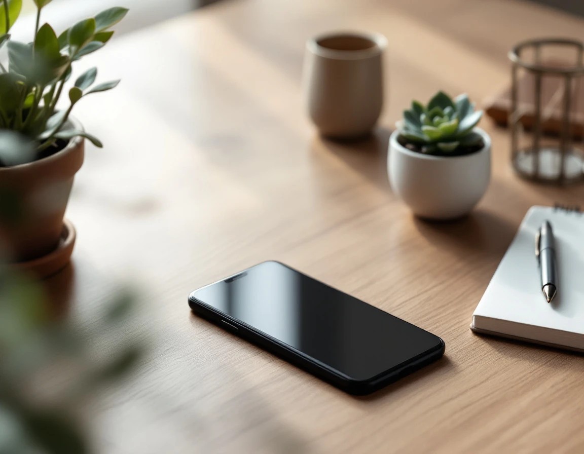 Smartphone on clean desk with minimal office supplies and natural window lighting