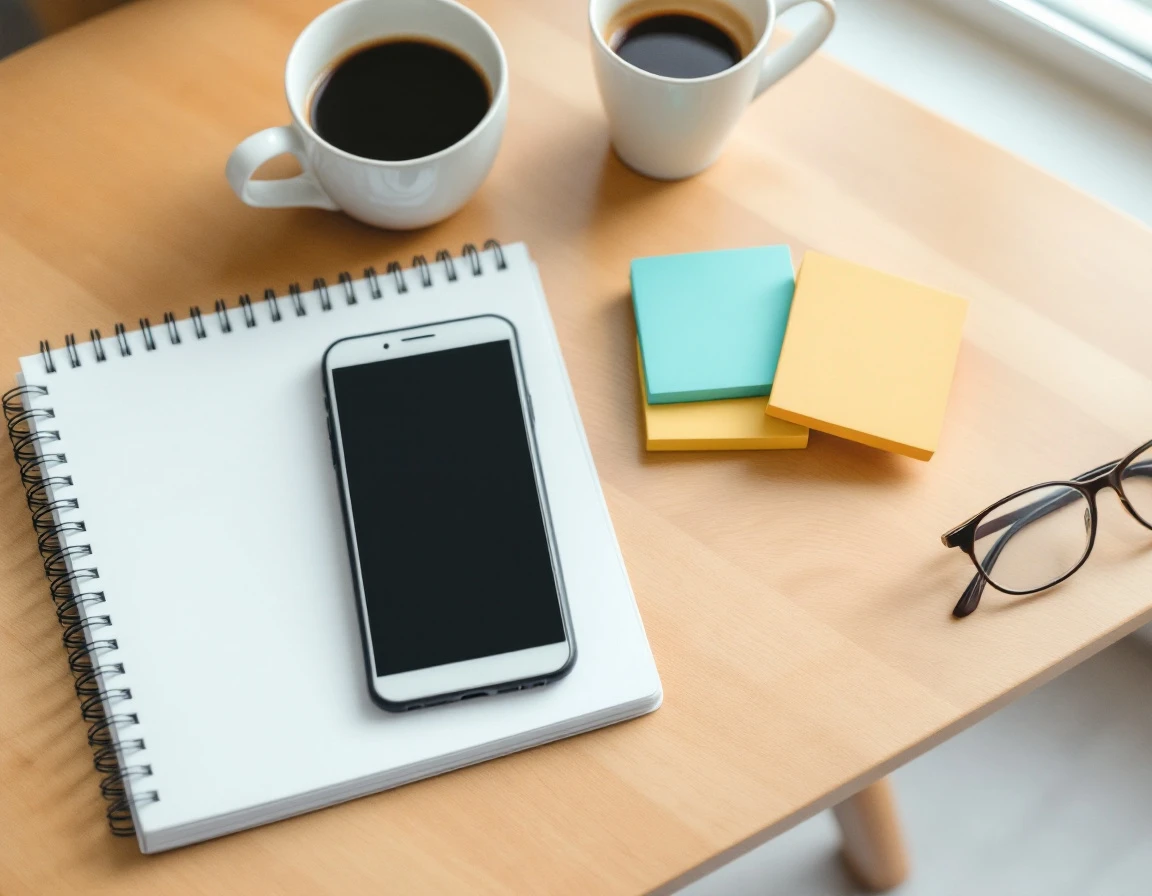 Organized workspace with blank notebook, sticky notes, phone and coffee cups on wooden desk