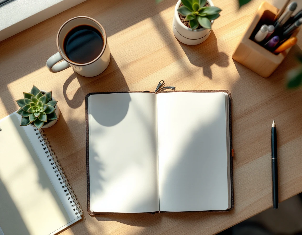 Clean workspace desk with blank notebook, coffee, and office supplies in natural morning light
