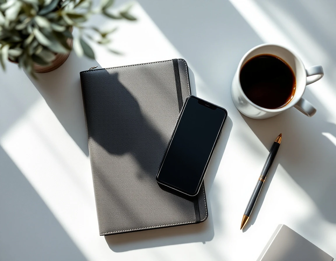 Smartphone and closed notebook on minimalist desk workspace with coffee cup in natural morning light