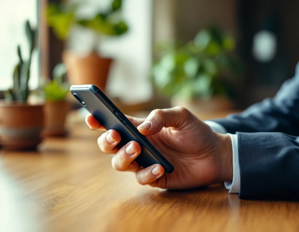 Business smartphone held over wooden desk in natural office lighting