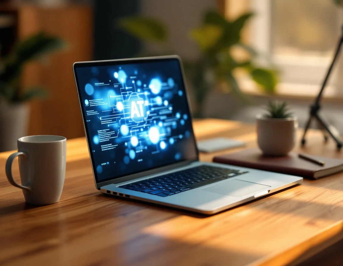 Organized workspace with laptop showing AI interface elements on warm wooden desk with morning light