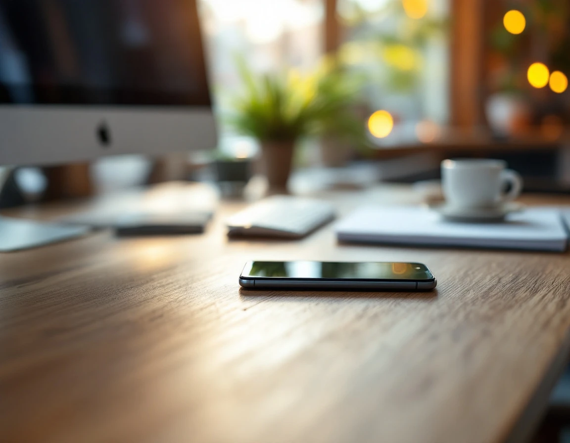 Smartphone on wooden desk in small business office with natural lighting and minimal setup