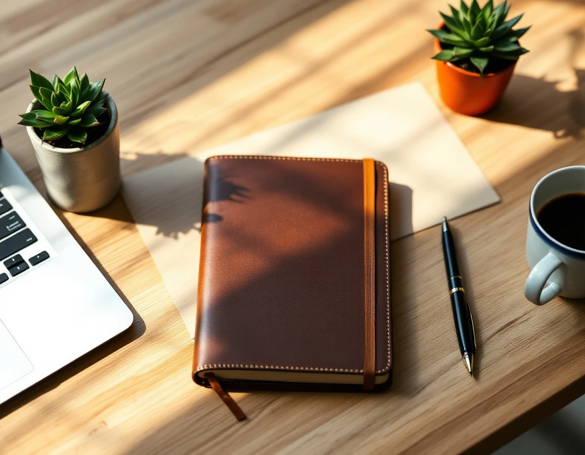 Professional desk workspace with closed notebook, coffee, laptop, and plant in natural morning light