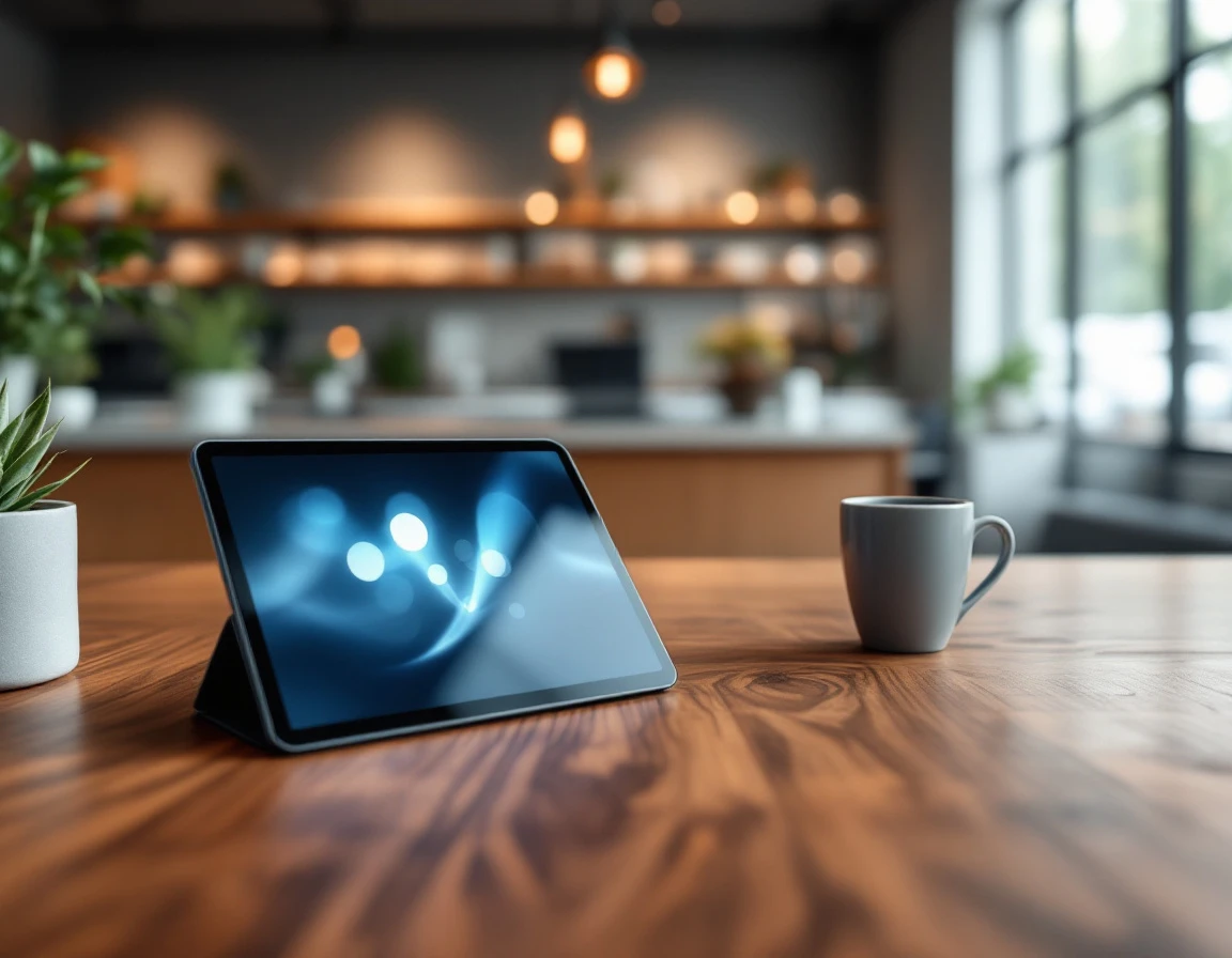 Modern reception desk with tablet device showing ambient interface glow in Pacific Northwest office setting