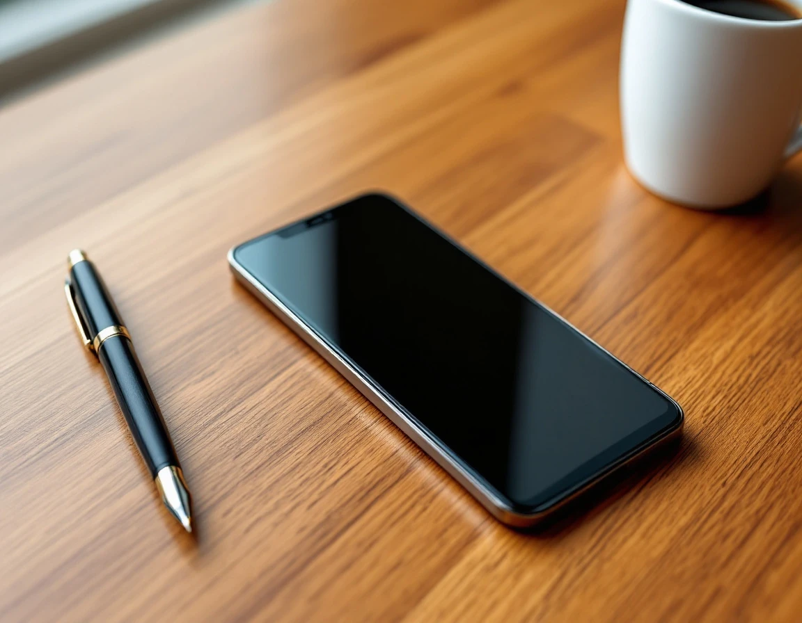 Professional office desk with smartphone and business tools in natural lighting