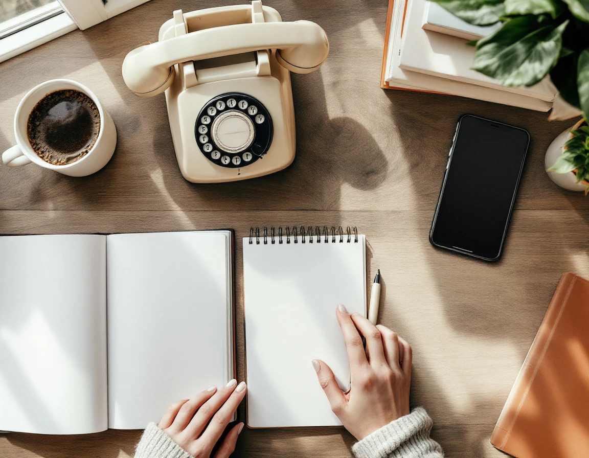 Overhead view of vintage rotary phone and modern calculator on organized desk workspace with coffee and plants