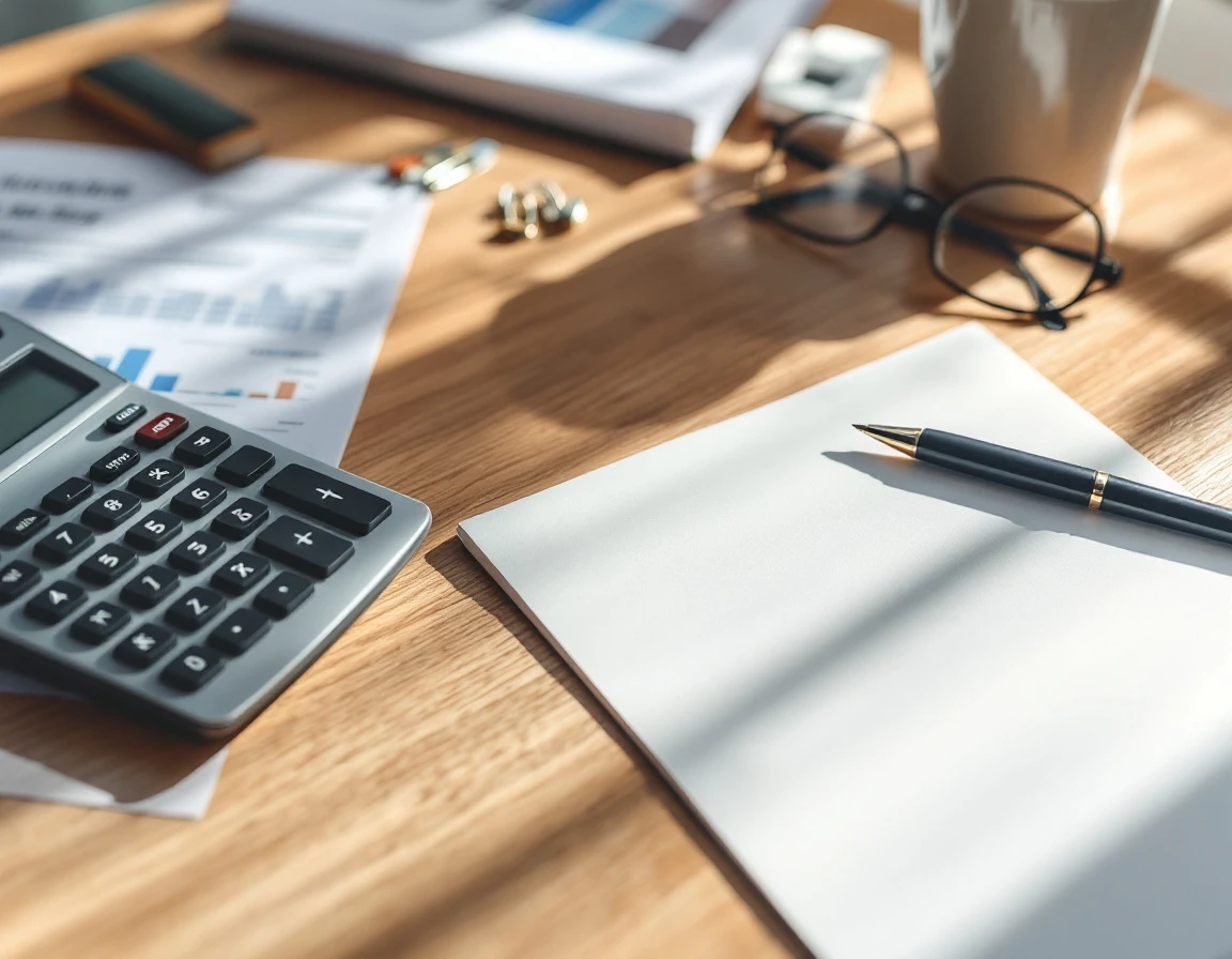 Calculator and blurred financial documents on wooden desk suggesting VoIP expense audit and cost reduction