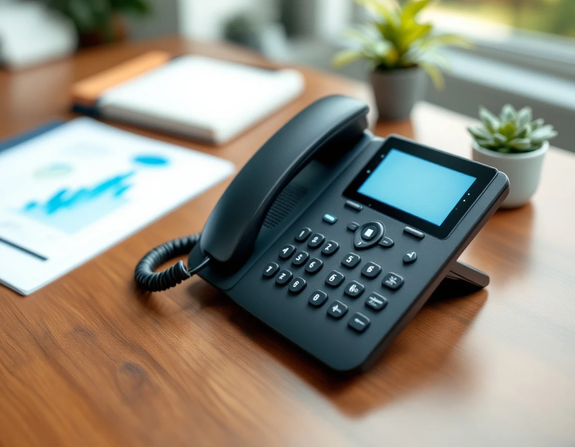 Business desk with VoIP telephone and financial documents for phone bill analysis