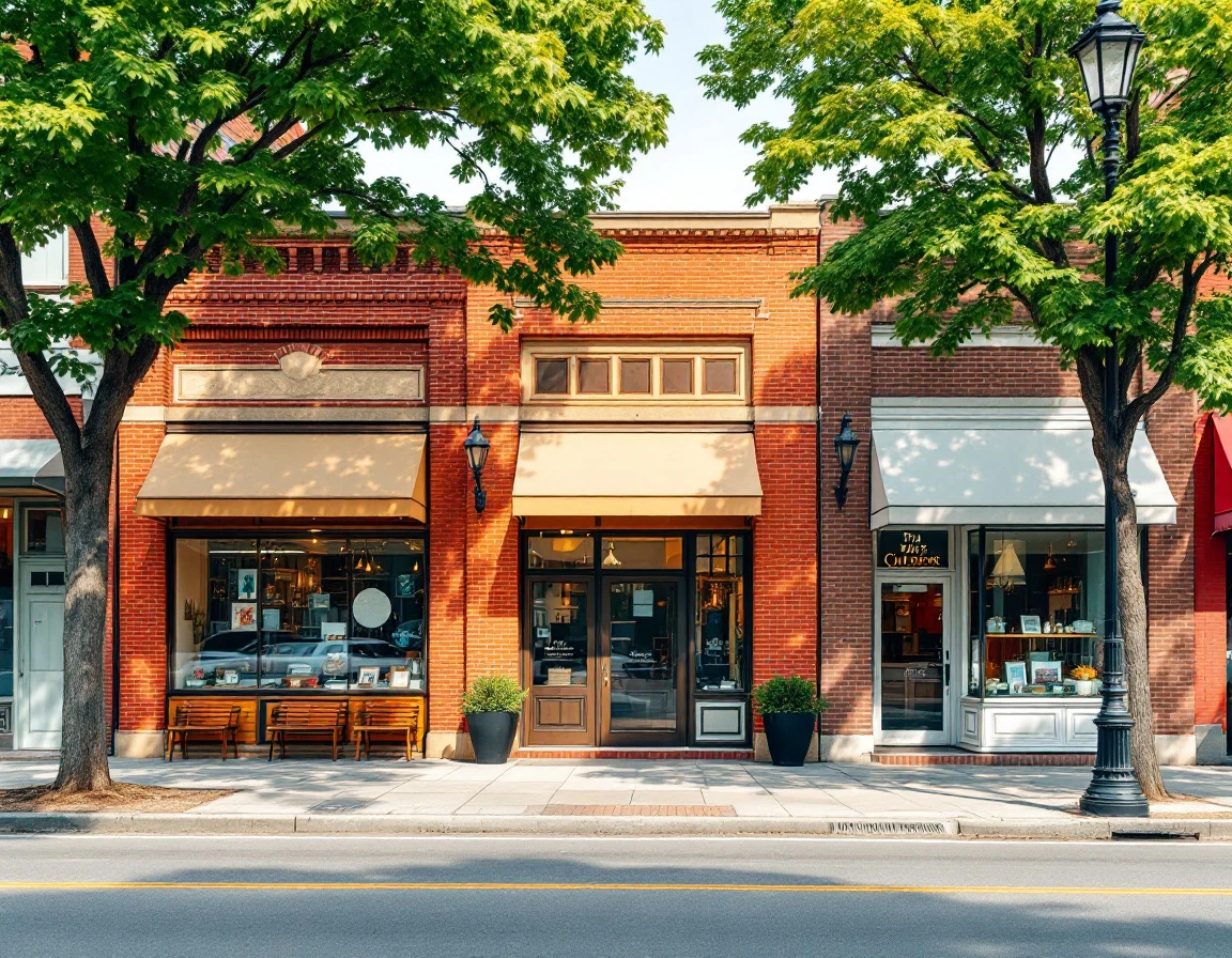 Multiple connected retail storefronts in a business district representing different locations for call routing