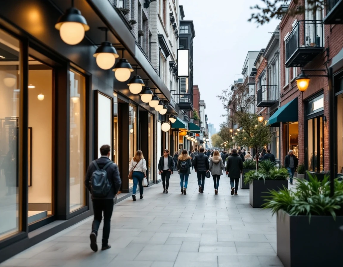 Busy shopping district with multiple storefronts requiring coordinated customer communication