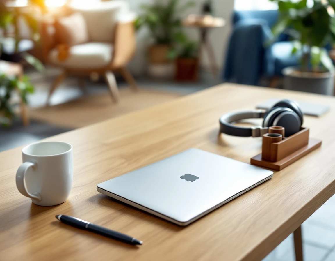 Organized office desk with laptop, headphones, and communication equipment ready for scaled customer contact operations