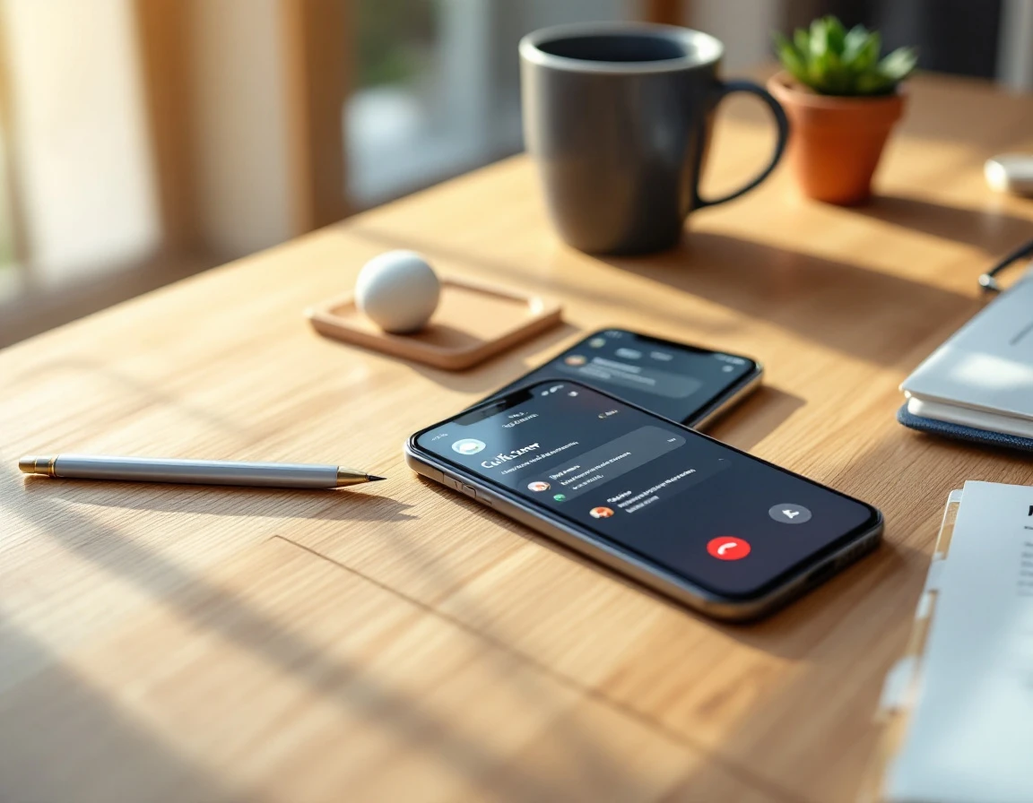 Two smartphones on office desk showing active customer communication notifications during busy season