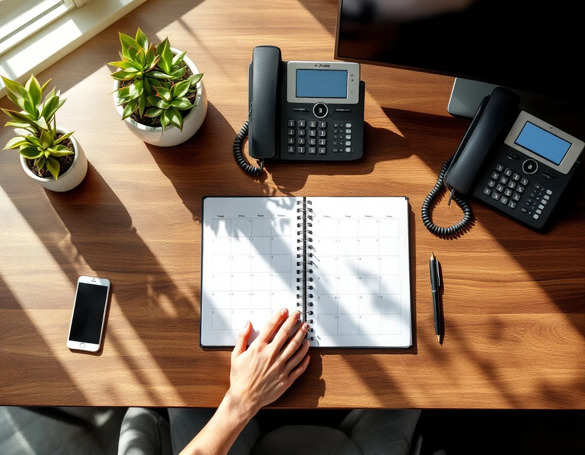 Overhead view of office desk with IP phones, calendar planner, and hand resting on wooden surface