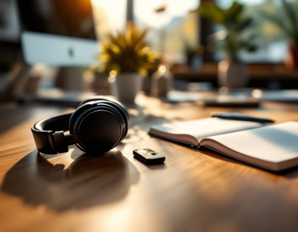 Wireless headset and notebook on modern reception desk with natural window lighting