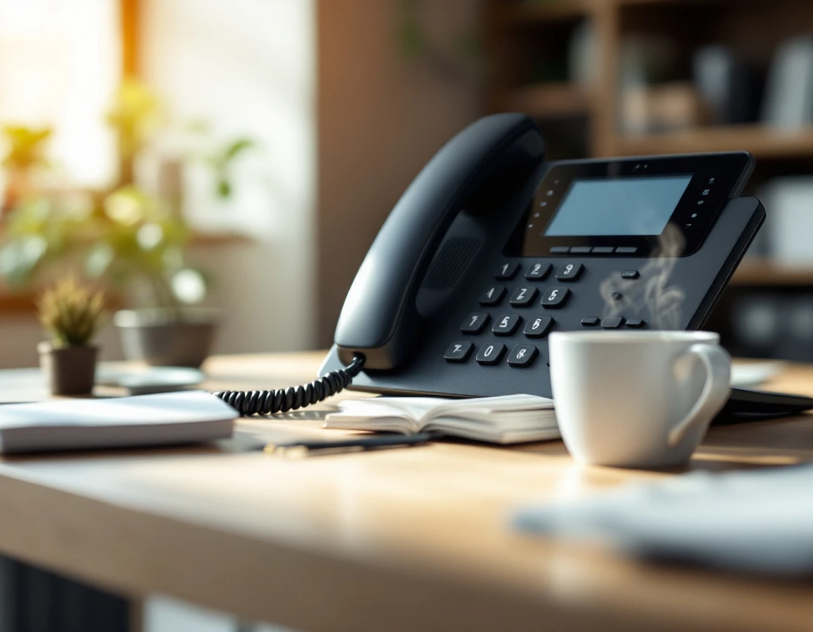 IP desk phone and coffee mug on office desk with natural morning light