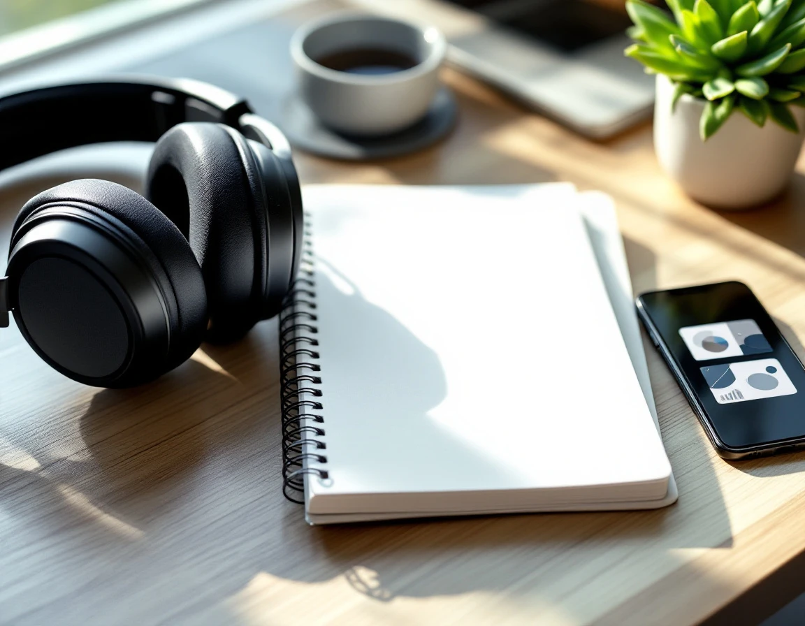Professional desk setup with headphones, blank notebook, smartphone, and potted plant for customer service monitoring