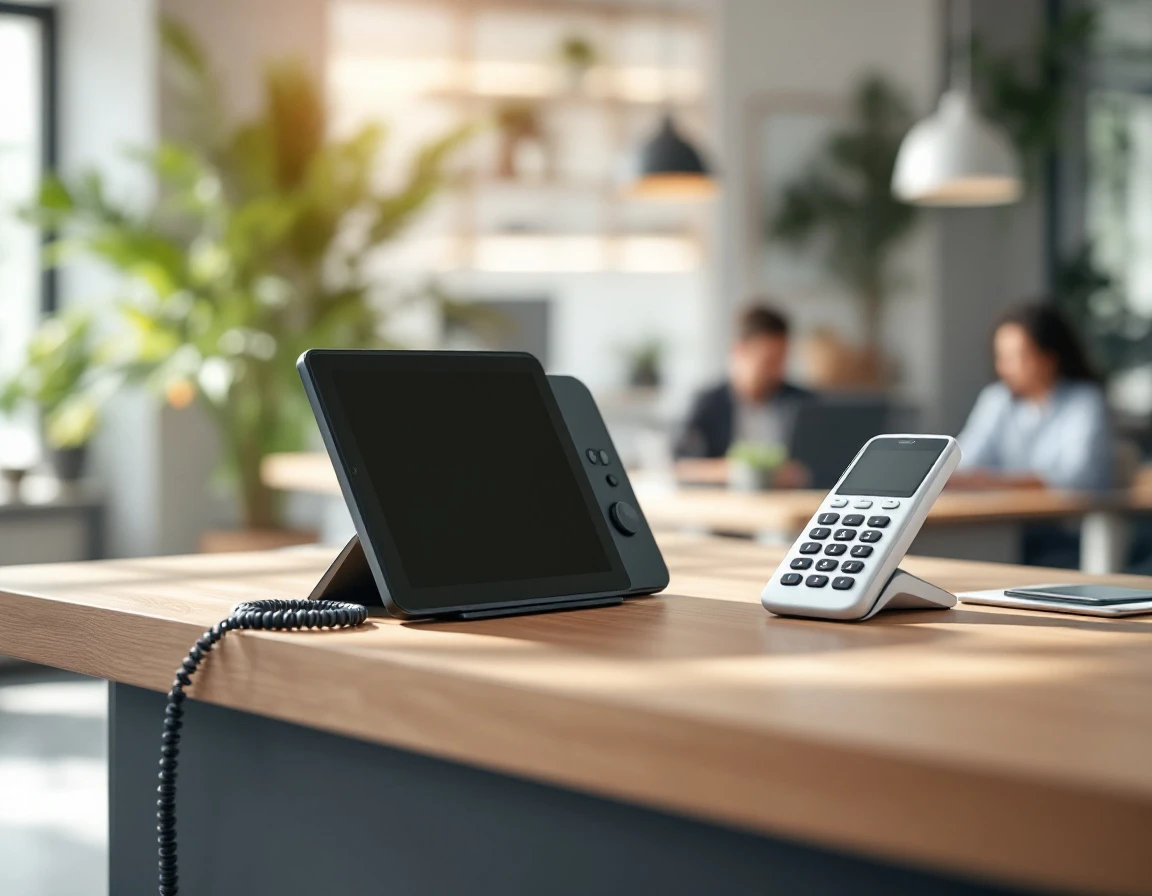 Modern VoIP phone on reception desk in contemporary office environment with natural lighting