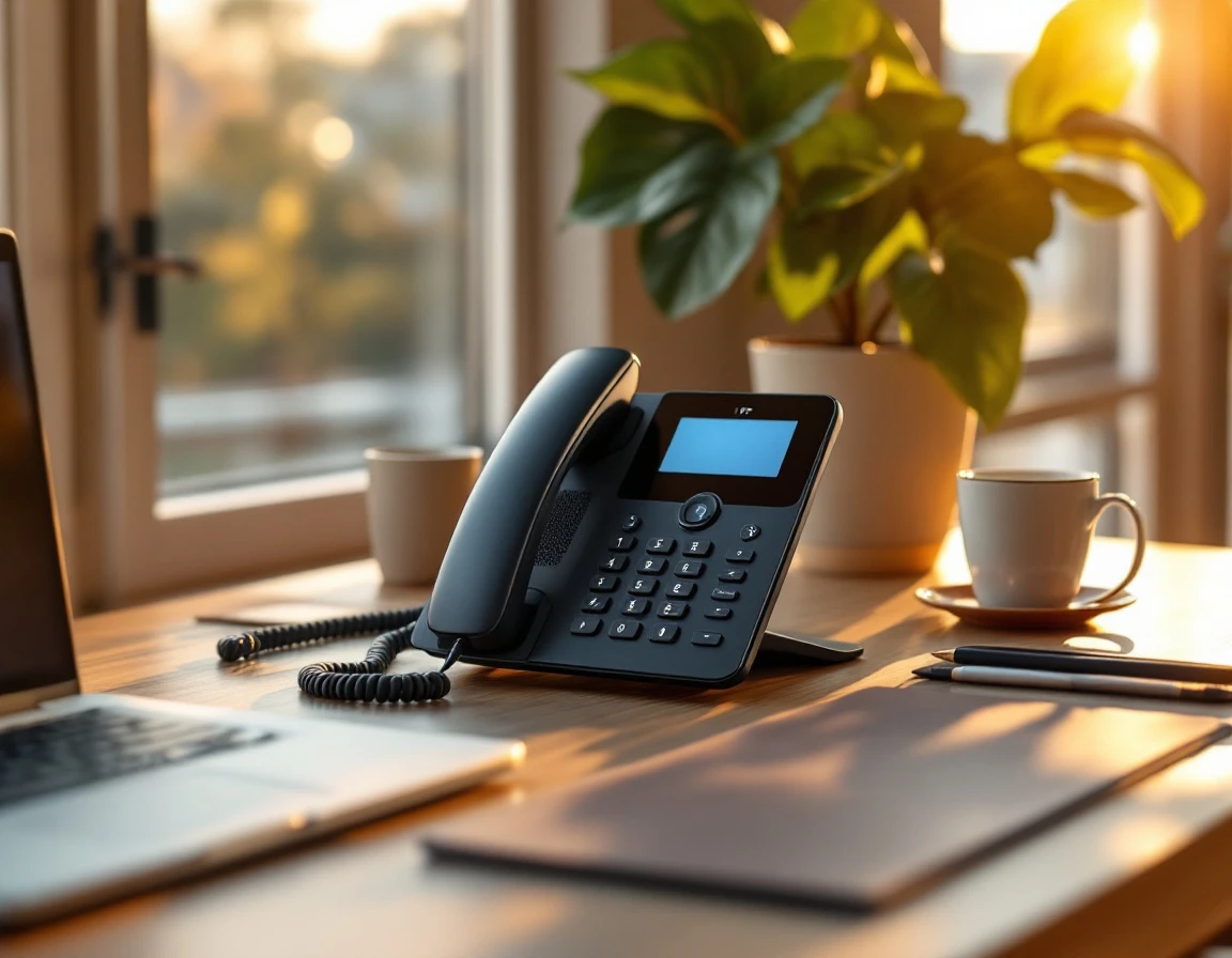 Modern IP desk phone on small business office desk with laptop and potted plant during golden hour