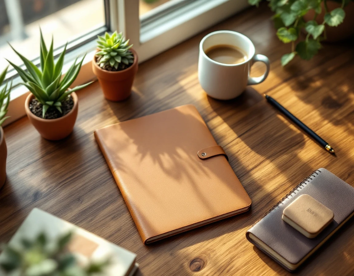 Closed planner on desk with coffee mug and succulents in natural morning light for business planning